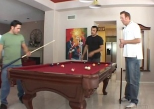 Pool players team up and fuck Sandra Romain close to a hot anal threesome